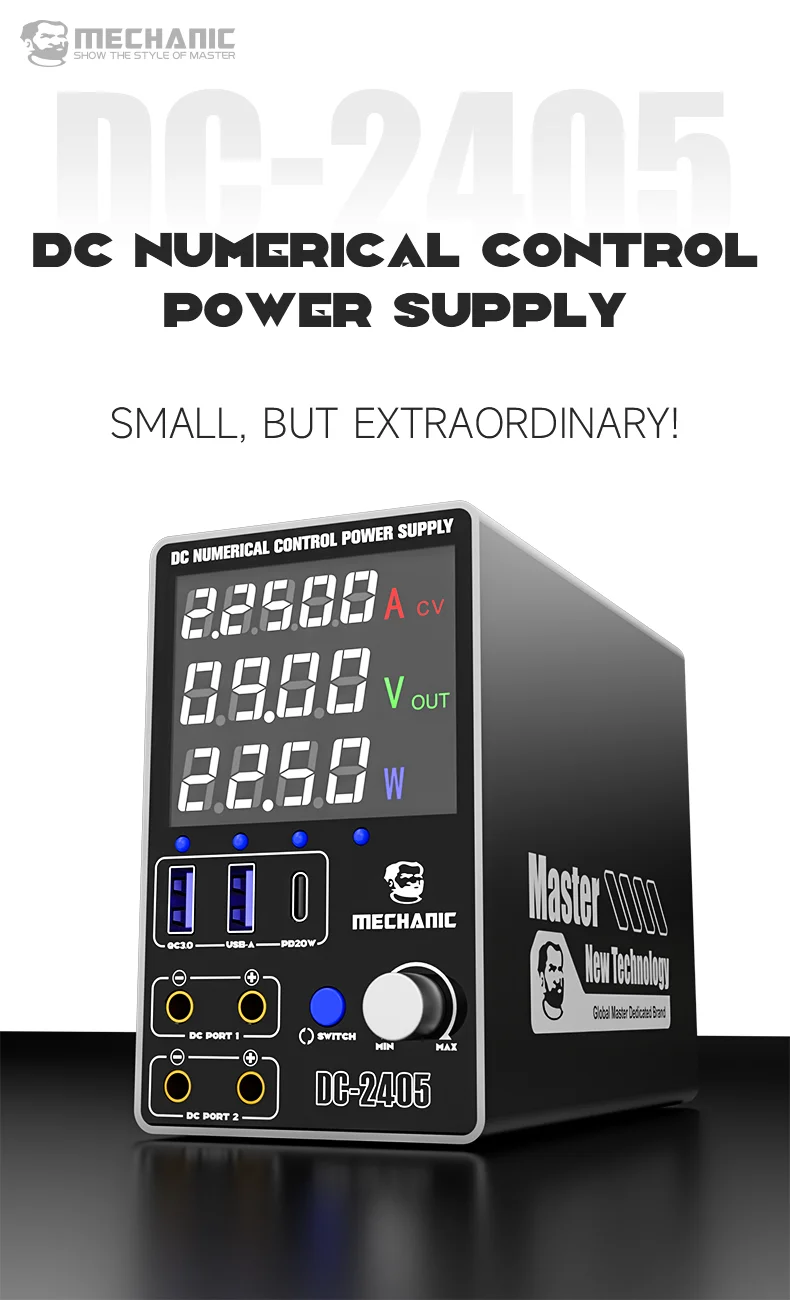 Mechanic DC-2405 Adjustable Switching DC Power Supply LED Lab Power Supply 24A 5A Output USB-A TYPE-C Interface Fast Charging