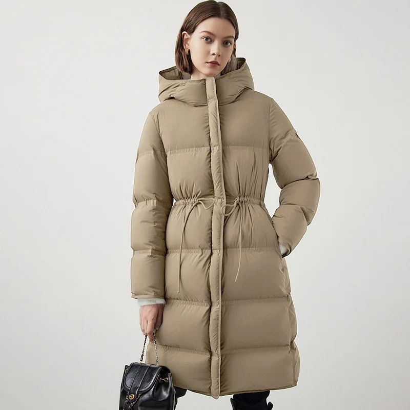 2024 Winter New Down Jacket Women Fashion Hooded Medium-length Puffer Jacket Thickened Warm Drawstring Waist Thin Overcoat