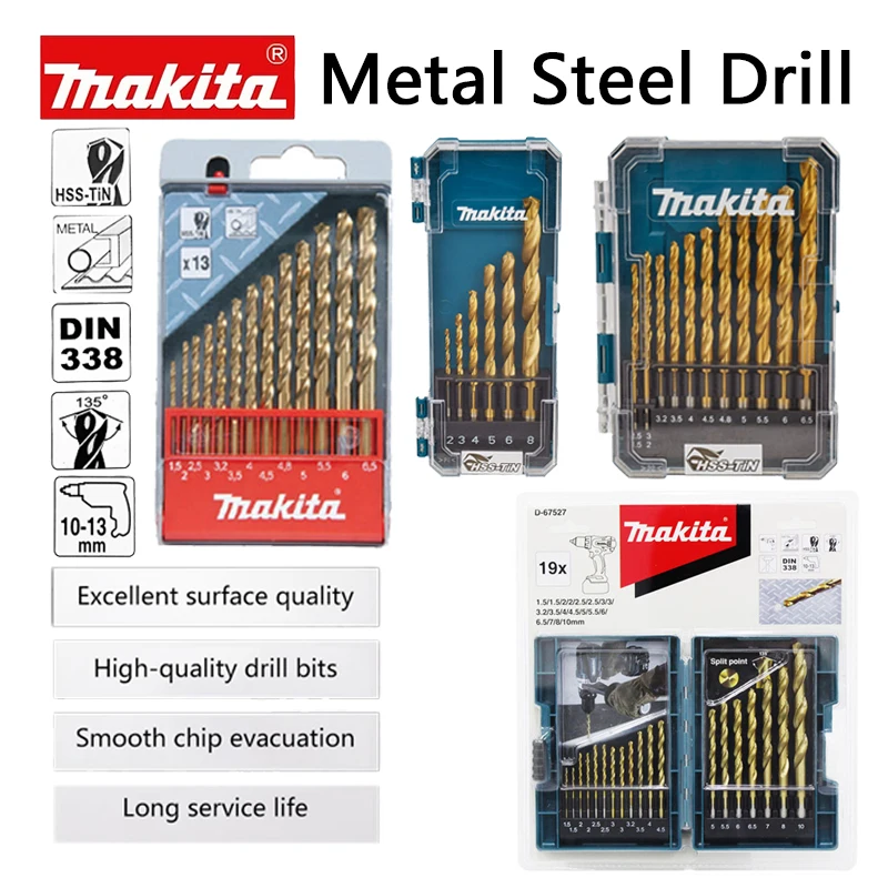 

Makita Metal Steel Drill 6/10/13/19Pcs High-Speed Drilling Hole Titanium Plated Drill Electric Drill DIN338 Straight Shank Drill