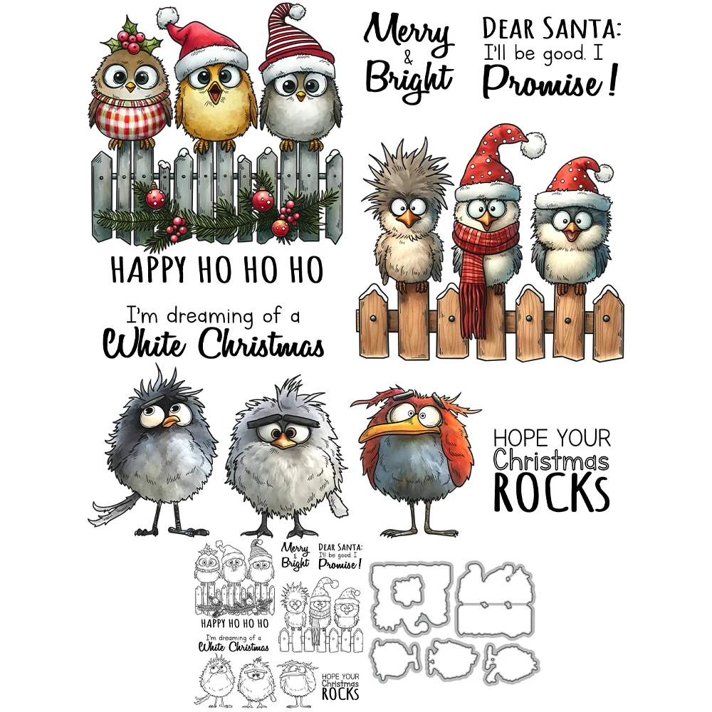 Mangocraft Funny Christmas Birds Cutting Dies Clear Stamp DIY Scrapbooking Metal Dies Silicone Stamp For Cards Albums Decor