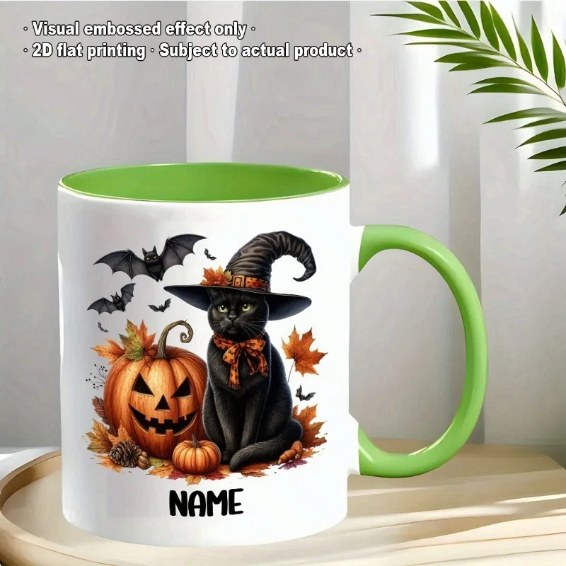 Personalized Halloween Themed Ceramic Mug Custom Name 11oz Coffee Cup Featuring Black Cat and Jack O Lantern Design 2