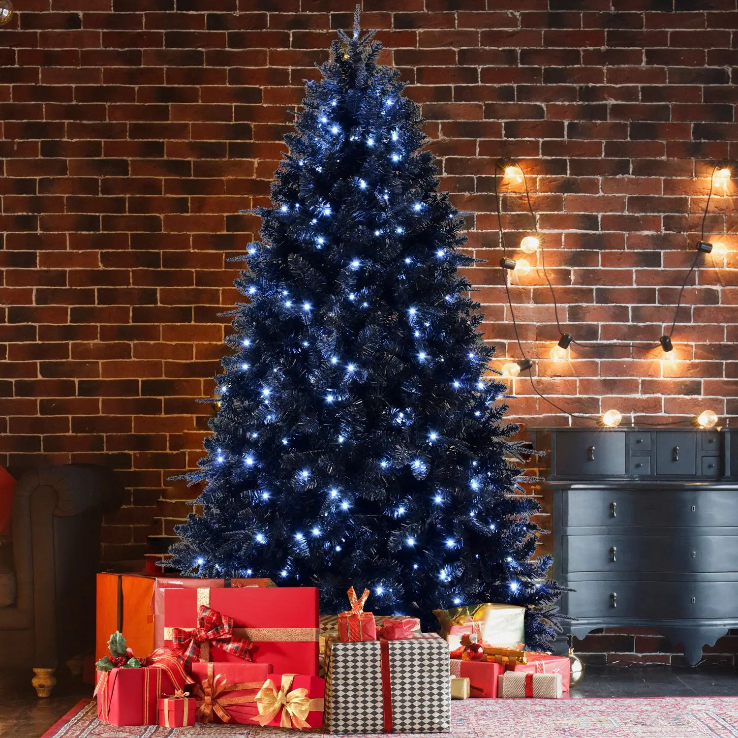 7.5ft Black Christmas Tree with 500 White LED Lights, 2156 Tips PE+PVC Artificial Tree for Halloween & Holiday Decor, Hinged