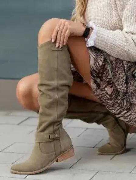 

Fashion Lady Apricot Gray Brown Black Solid Suede Button Zipper Side Leisure Flat Knee High Boots Woman Casual Long Botas Shoes