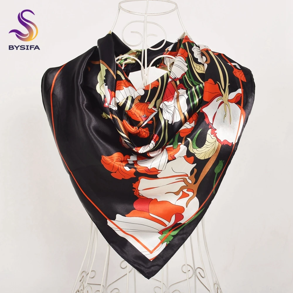 [BYSIFA] Women Grey Purple Square Scarves Wraps New Brand Floral Pattern Silk Scarf Shawl Fashion Female Neck Head Scarf Hijab