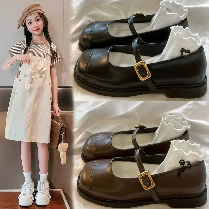 Summer Girl's Leather Shoes Square Toe Sewing School Kid's Flat Shoe Solid Colors Anti-slip Daily Versatile Chic Children Shoes