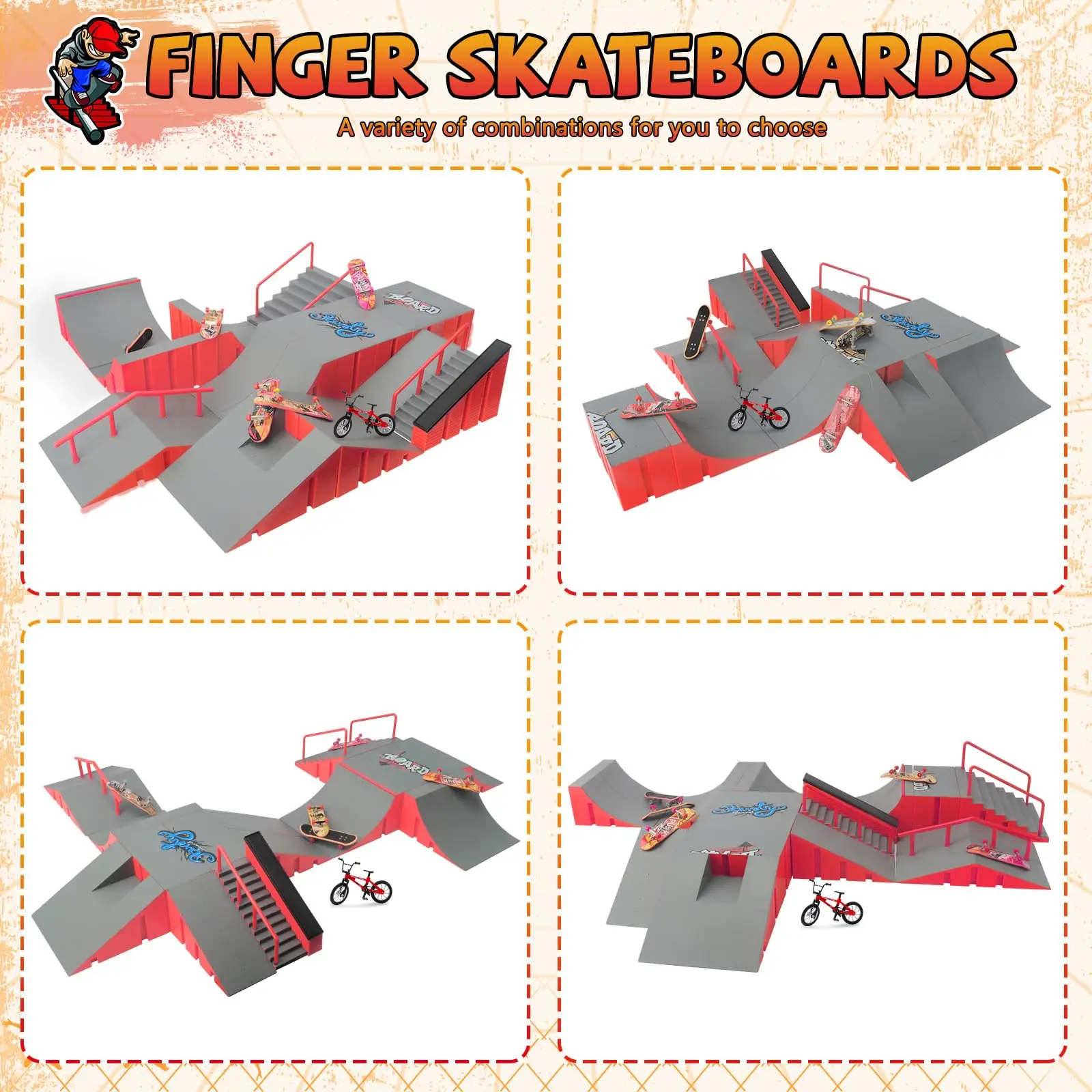 Finger Skateboard Park Accessories Set,Skateboard Finger Toys with 8Finger Skateboard 14Skatepark Deck Ramp 1Finger Bike for kid