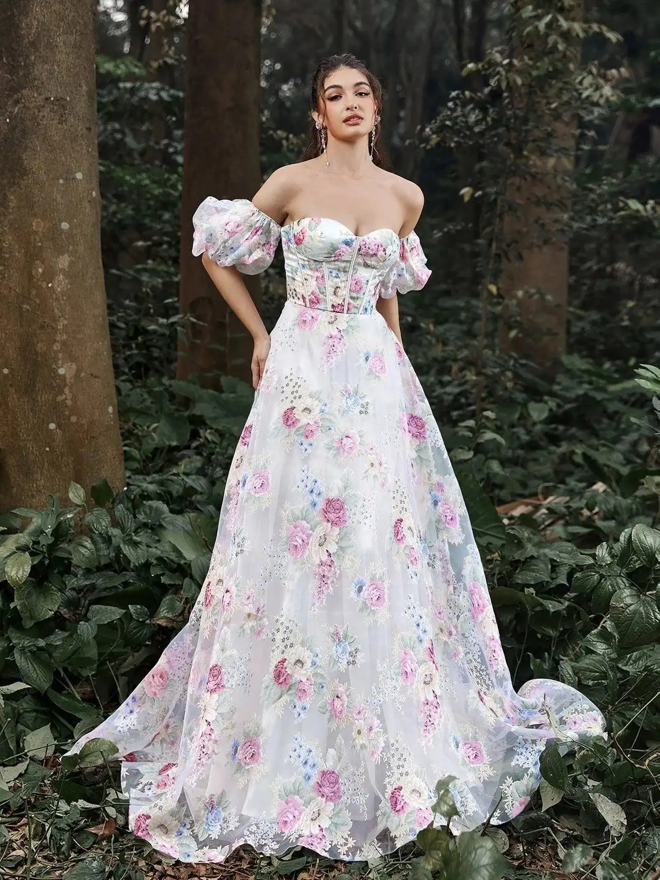 Robe de Bal Élégante en Organza à Manches Bouffantes, Imprimé Floral