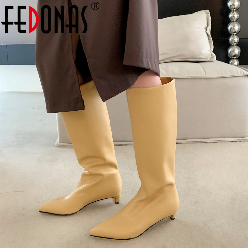 FEDONAS Elegant Pointed Toe Women Knee-High Boots 2024 Autumn Winter Thin Heels Genuine Leather Office Lady Party Shoes Woman