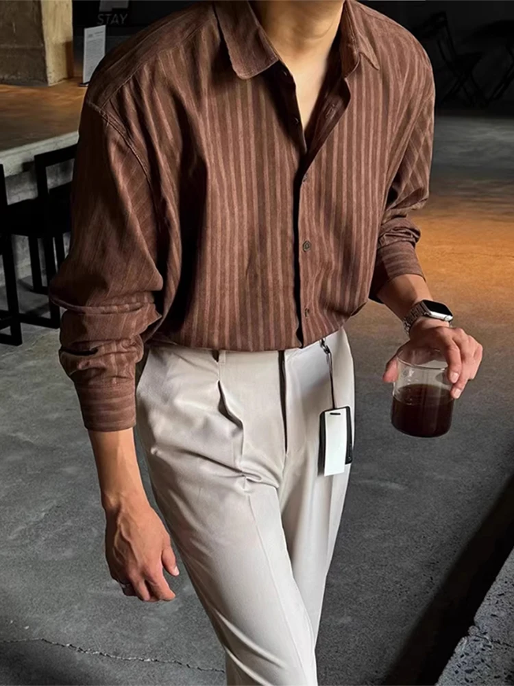 

Весенне-осенние повседневные мужские рубашки в полоску с длинным рукавом и отложным воротником на пуговицах, топы, мужская одежда, винтажные кардиганы