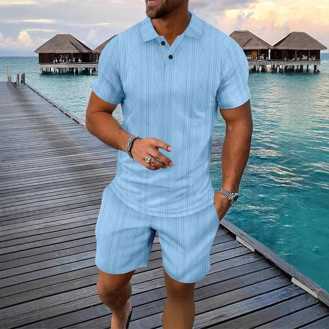 

Men's casual suit Summer Fashion lapel Short Sleeve Polo shirt jacquard short sleeved shorts set Hawaii Men T-shirt 2 Piece Set