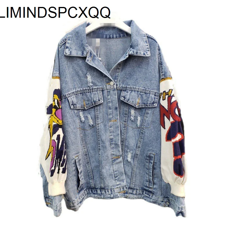 Autumn Winter Denim Stitching Knitted Sleeve Heavy Industry Rhinestone Denim Jacket Women\'s Retro Trendy All-Matching Jeans Coat