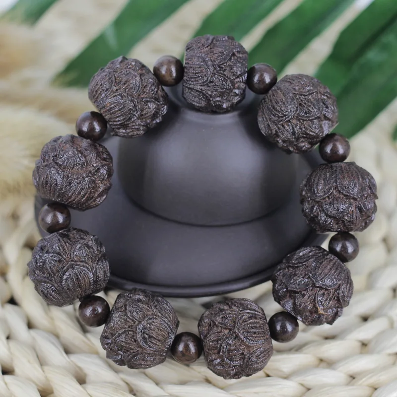 Vietnamese Agarwood Carved Buddha Bead Bracelet, Black Bark Eighteen Arhats, Lotus Flower