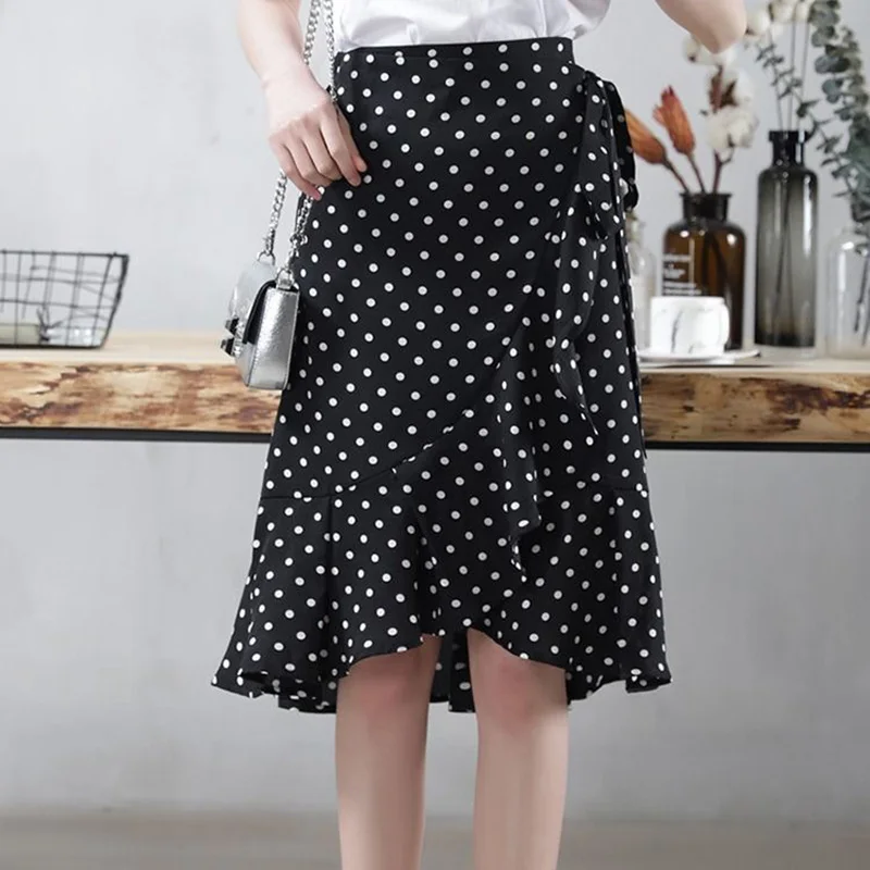 Elegant Ruffles Bandage Polka Dot Printed Mermaid Skirt 2022 Spring New Korean Fashion High Waist All-match Chiffon Midi Skirt