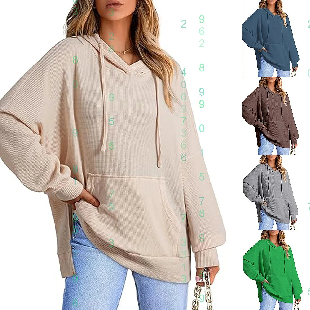 

Women Hoodies Waffle Knit Side Split Pullover Sweatshirt Long Sleeve with Pockets