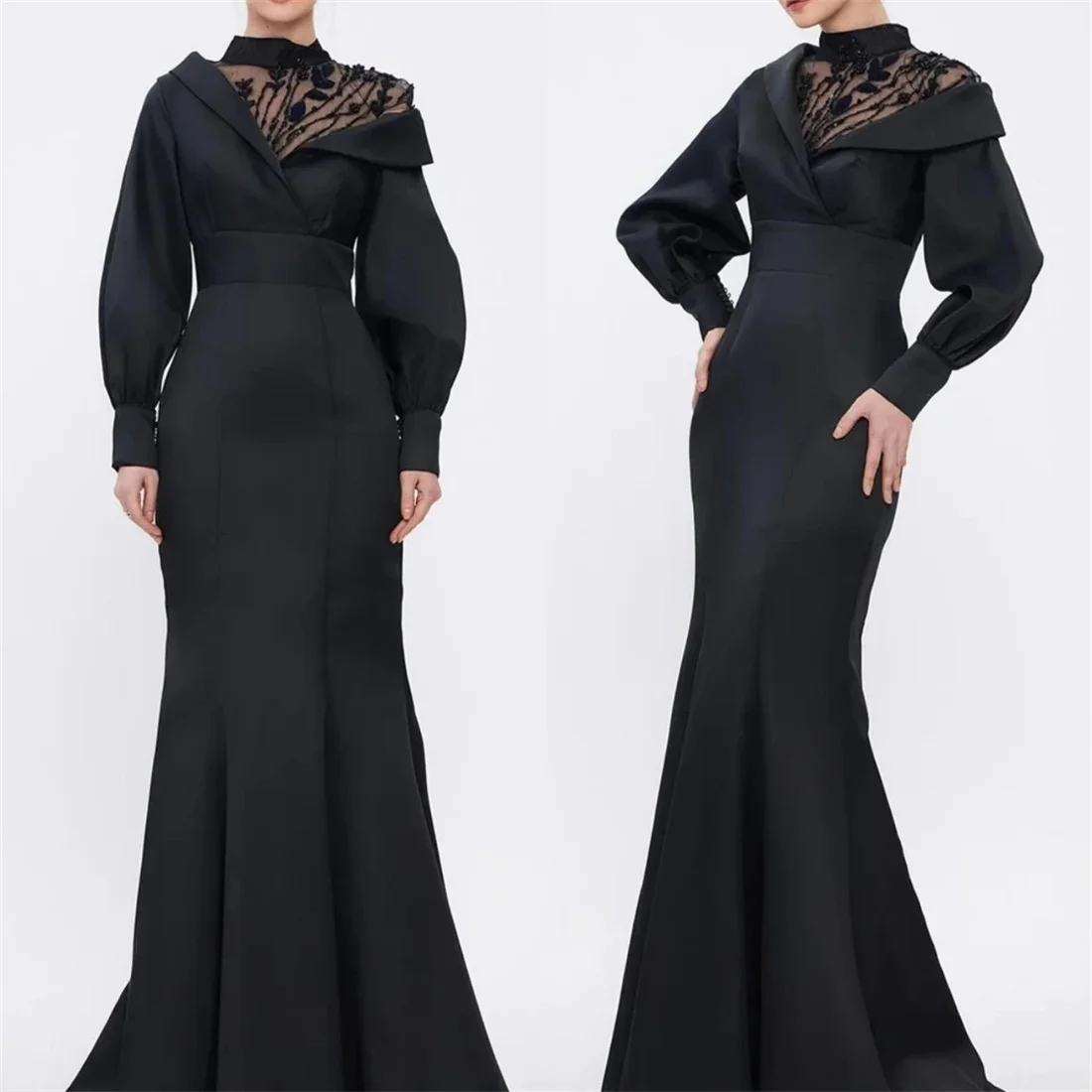 

Prom Dresses For Gala Black High Collar Long Sleeves Floor-Length Evening Dress 2024 Dresses For Special Occasions Party Dresses
