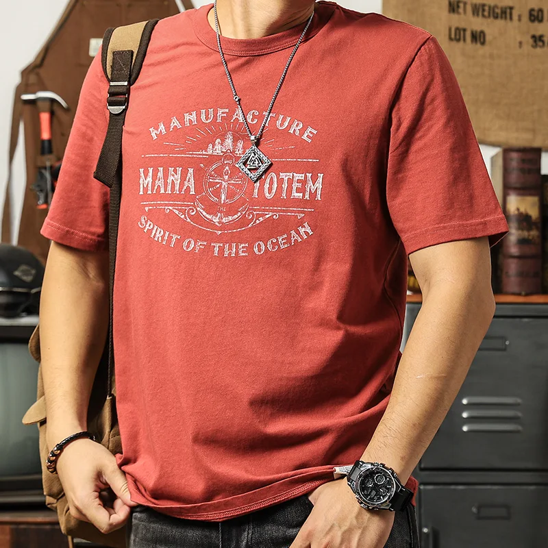 Retro Men's T-Shirts Short Sleeve Pure Cotton Round Neck Boat Steering Wheel Print Summer Casual Man T Shirt