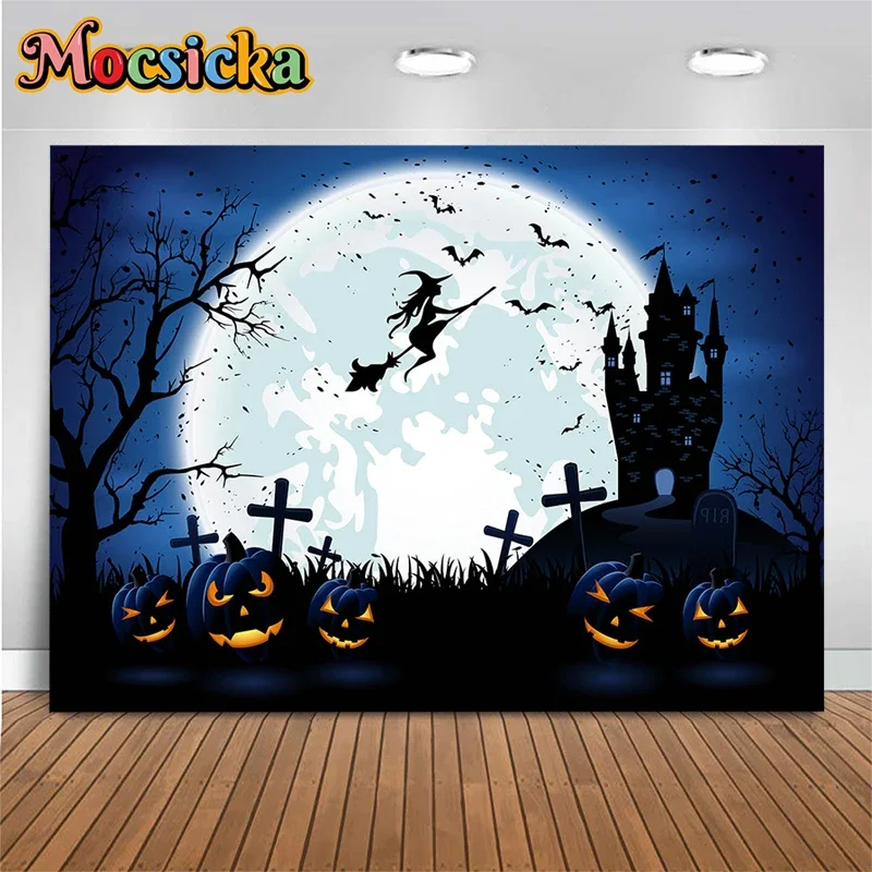 Mocsicka Halloween Decoration Photography Background Moonlight Wizard Pumpkin Lantern Castle Crow Tree Tomb Photo Backdrop Props