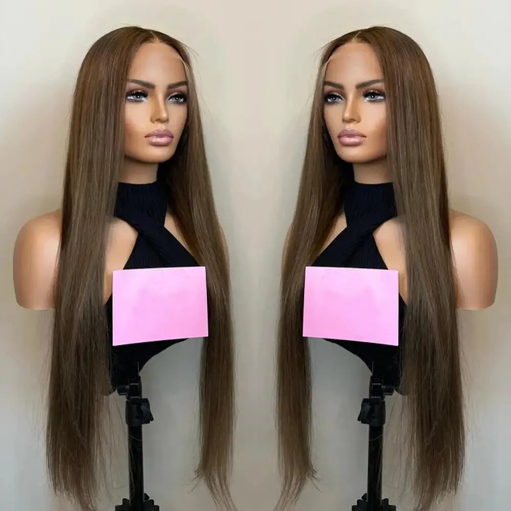 30inch 5x5 Silk Base 200Density Brown Straight Jewish Human Hair Wig With Baby Hair HD Lace European Hair Preplucked  Daily