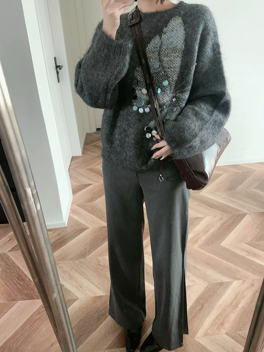 

Женский вязаный свитер Thiened Hatitched iny с блестками Lazy Sle Alpaca, зимняя мода, Новое поступление, теплая уютная карта с v-образным вырезом...