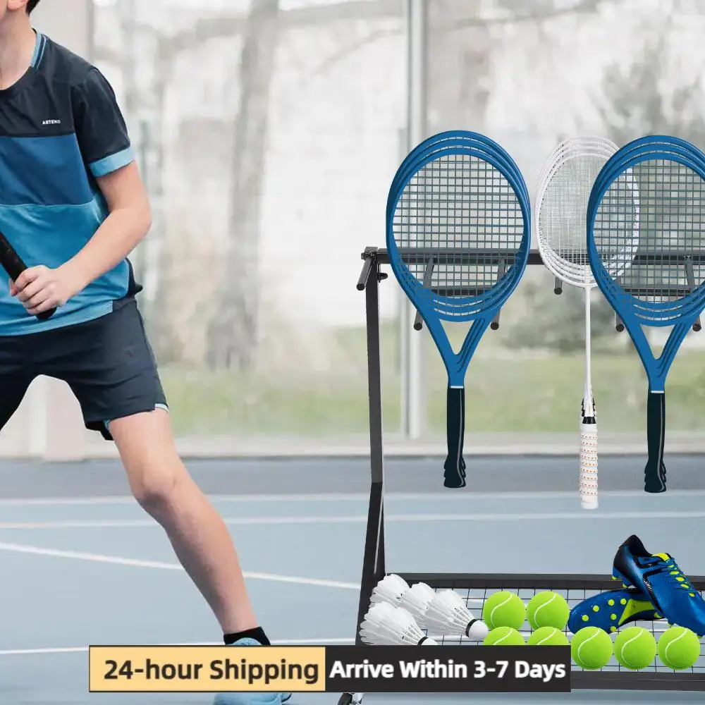 

Tennis Racquet Storage Organizer Rack with Wheels Heavy Duty Portable for Home Garage Gym Schools Training Ground Use