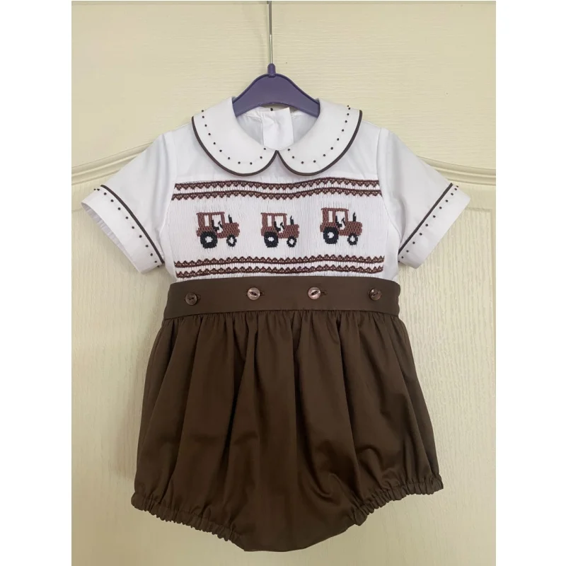 Baby Boy Vintage Hand Smocked Farm Tractor Embroidery Brown Outfit Suit for Birthday Party Wedding Photography A446