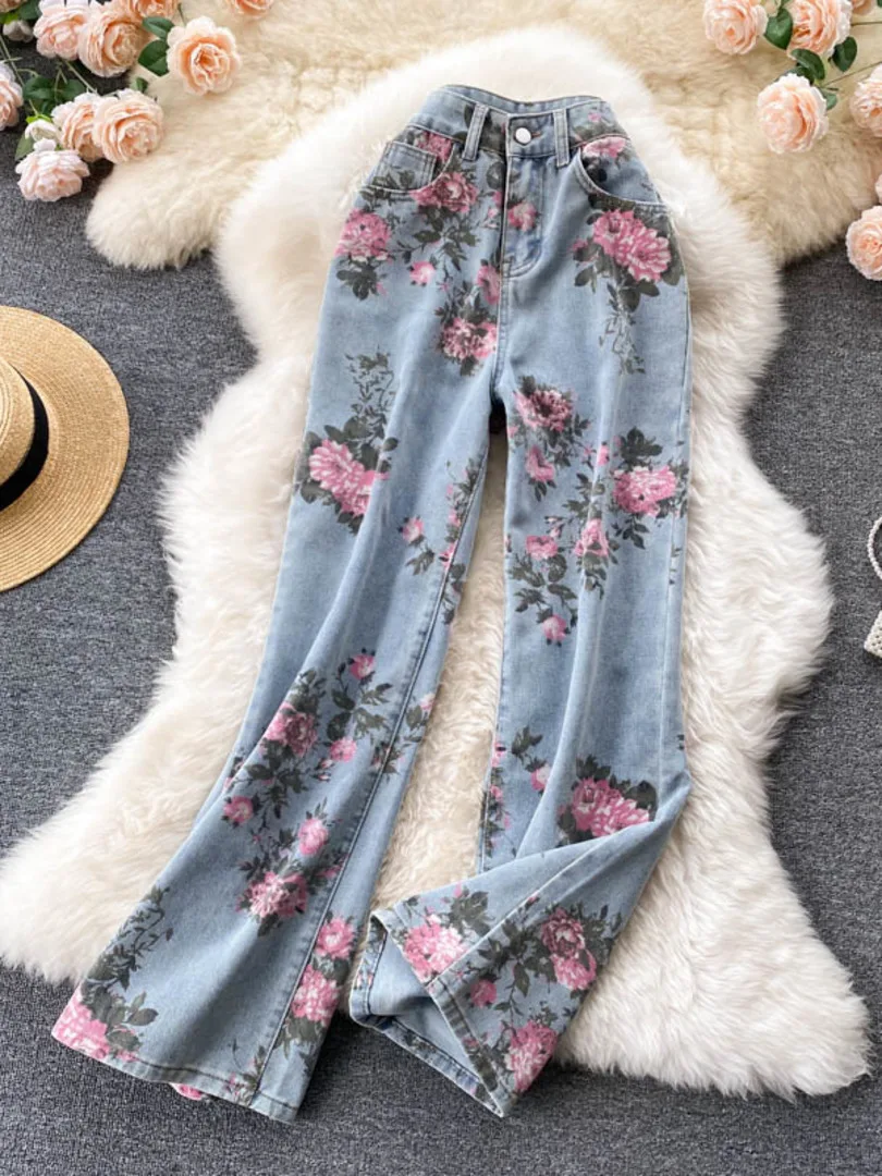 Flowers Print Jeans Women Vintage High Waist Denim Long Pants 2024 Fashion Autumn Casual Wide Leg Full Length Denim Trousers