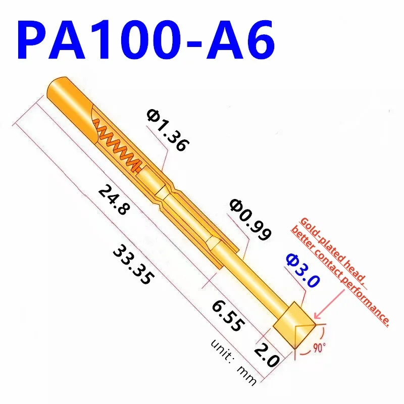 20/100PCS PA100-A6 Spring Test Probe PA100-A Test Pin Test Tool 33.35mm Dia1.36mm Gold Needle Tip 3.0mm Pogo Pin P100-A P100-A6