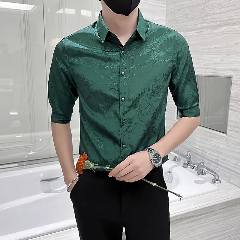 Summer Elegant Fashion Harajuku Slim Fit Ropa Hombre Loose Casual All Match Outerwear a Peaked Collar Solid Middle Sleeve Blusa