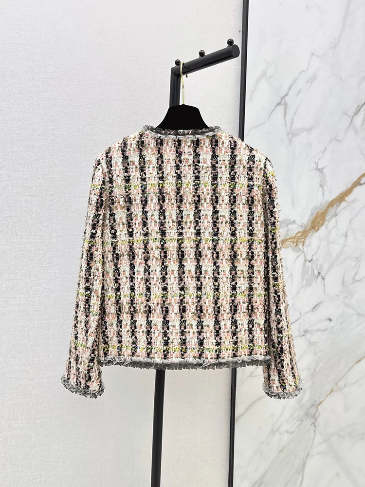 Spring Autumn Fashion Tweed Weave Straight Barrel Jackets Women's O-Neck Frill Trim Long Sleeve Pocket Casual Jackets