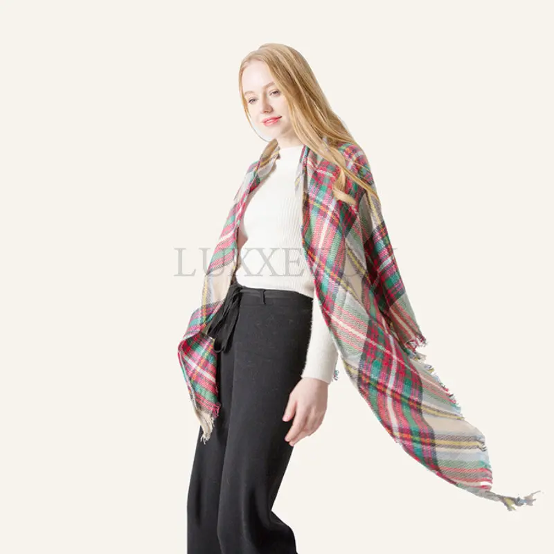 Winter Imitation Cashmere Double-sided Colorful Female Plaid Square Scarf Triangle Scarf Ladies Bib Shawl for Women