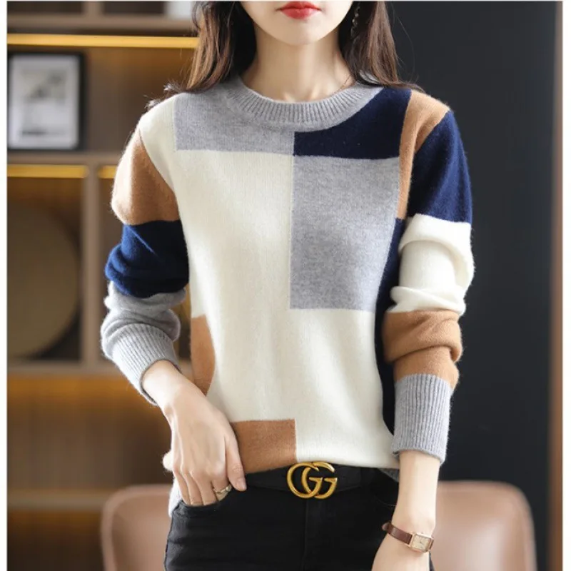 Color Block O-Neck Vrouw Truien Dames Pull Hiver Femme Chandails Frau Pullover Winter Clothes Knitted Tops Women Swetry 2023