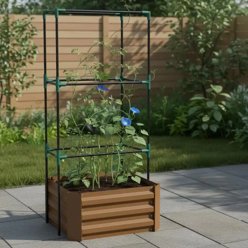 

Raised Garden Bed with Trellis Grid Planter Box with Trellis Support, Open Bottom, Weather Resistant, 61cm X 61cm X 140cm, Brown