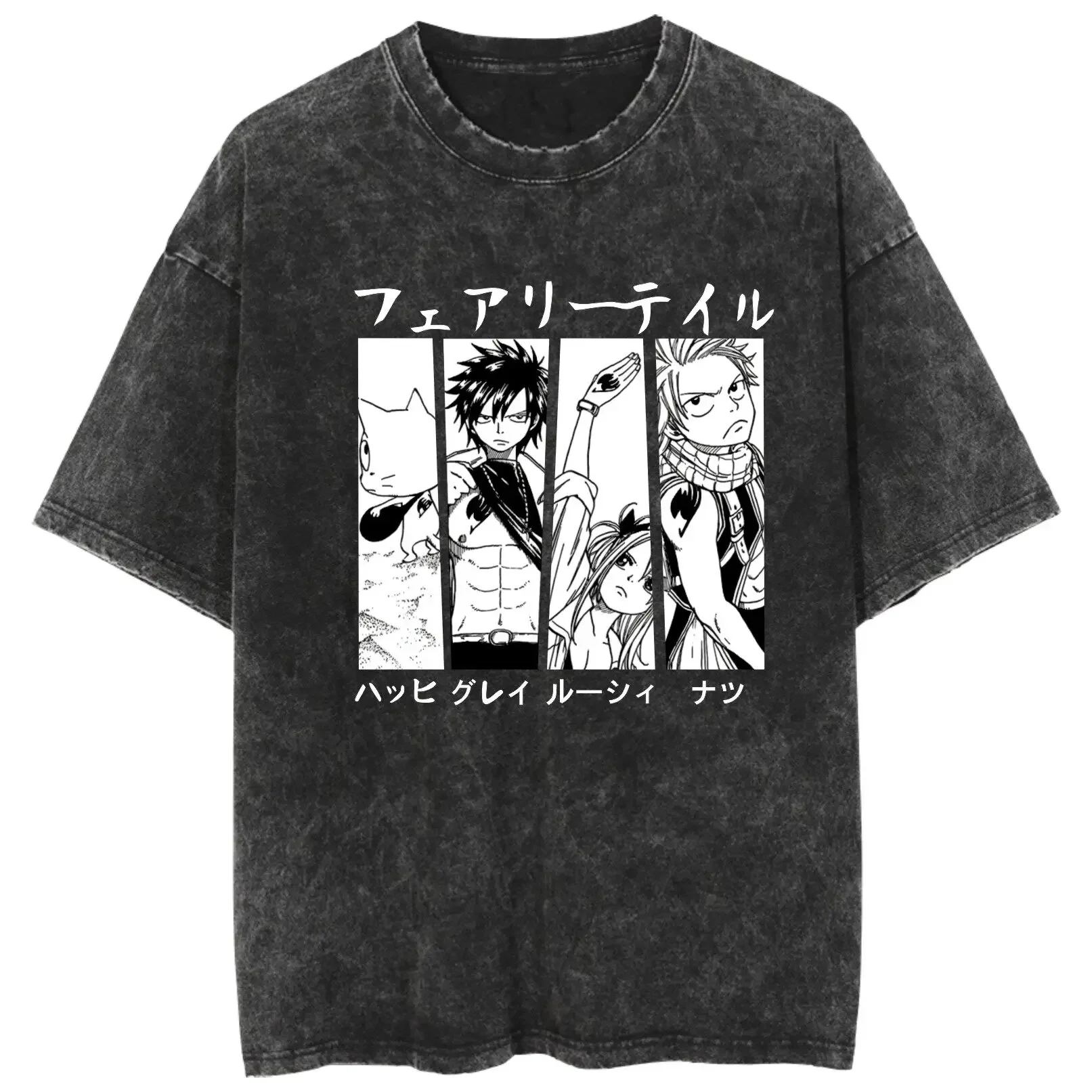Fairy Tail Happy Cat Guild Logo Vintage Washed T Shirt 2026 Summer Oversized Anime Graphic Tee for Men Women Casual Cotton Tops