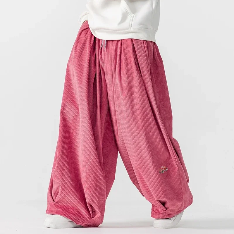 

2024 Men Corduroy Wide Leg Pants Men Japanese Styles Loose Thick Warm Casual Embroidery Hip Hop Trousers Mens Streetwear Pants