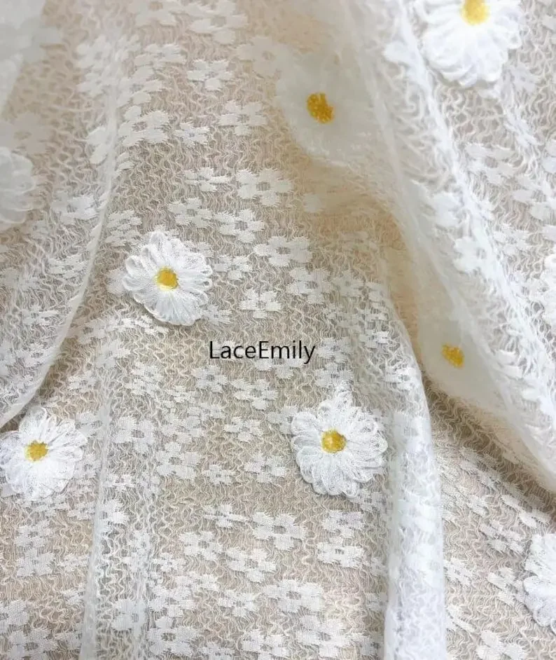 

White flower embroidered Lace Fabric floral soft tulle fabric For Wedding Gown, Bridal Dress, Summer Dress, Party Dress 1 Yard