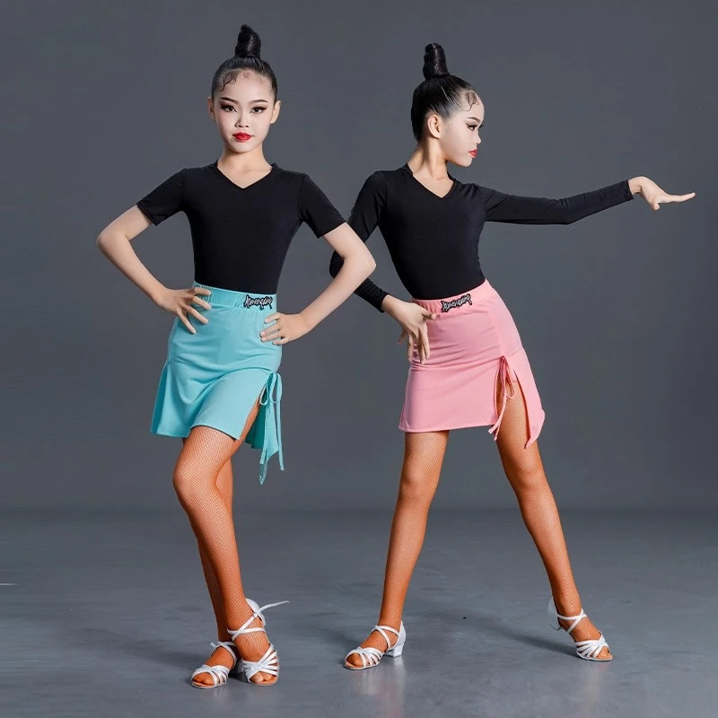 Jupe de danse latine personnalisée pour filles, nouvelle robe d'entraînement pour enfants, haut fendu et jupe, robe de spectacle longue à manches courtes, 2 pièces