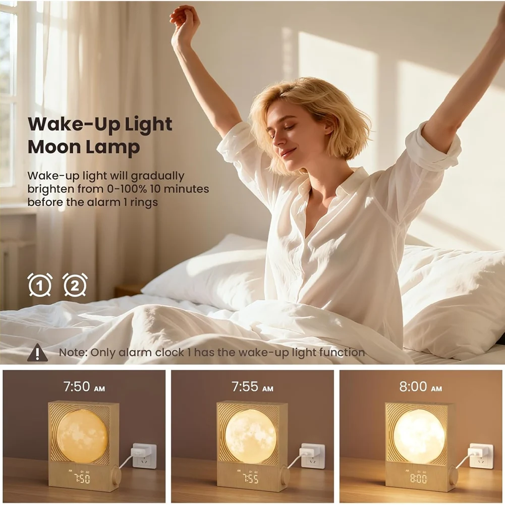 [GTS！】 Rotatable Moon Light, Gentle Wake-Up Function, Sunrise Alarm Clocks For Heavy Sleepers, Night Lamp For Bedroom Lighting