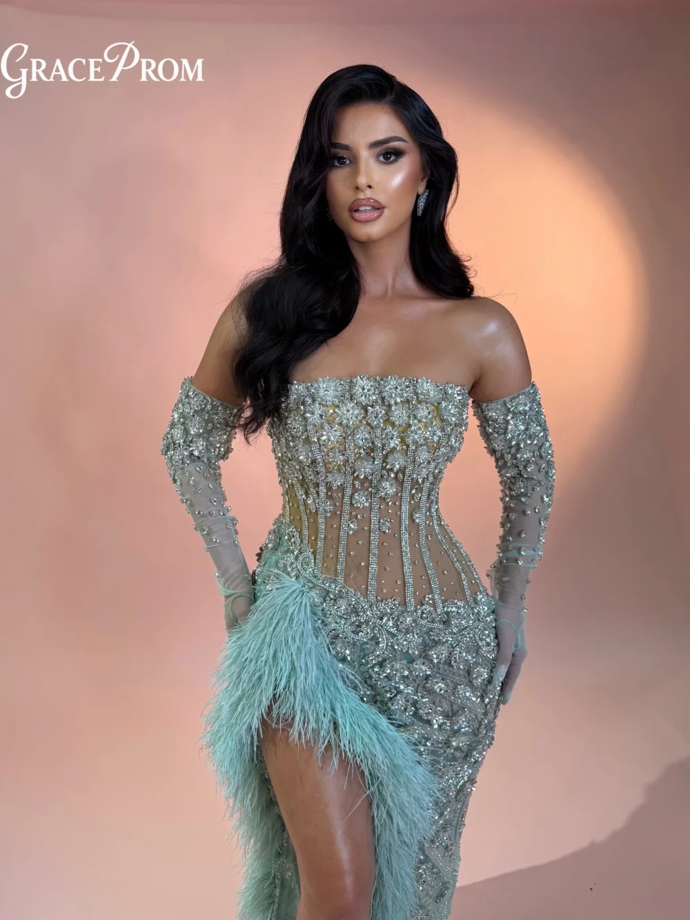 

Glamorous Light Blue Party Dress Strapless Sheer Corset Mermaid Evening Gown With Feather Slit For Wedding Guests فساتين سهرة