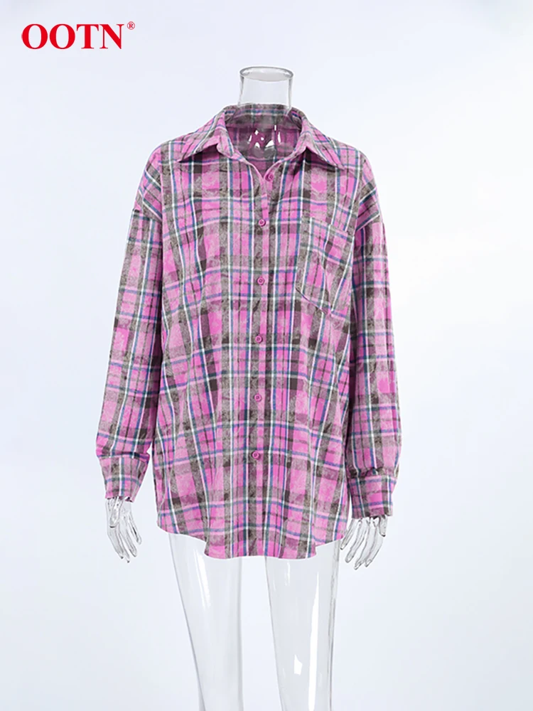 OOTN Fashion Street Pocket Purple Plaid Shirts Female Casual Long Sleeve Blouse Woman 2024 Spring Cotton Turn Down Collar Tops