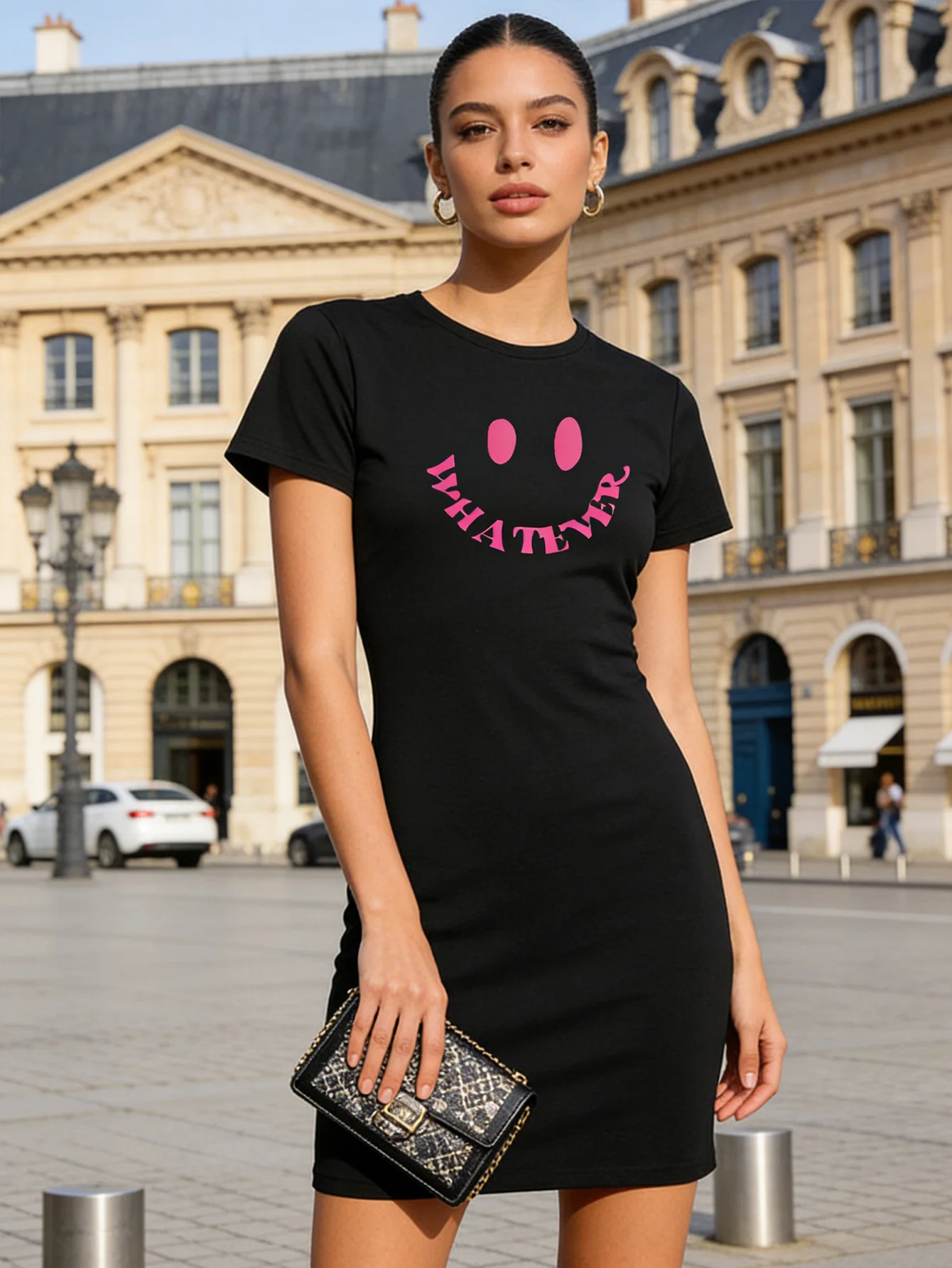 

Женское модное повседневное летнее платье с ярким принтом "WHATEVER", из мягкой и дышащей ткани, свободного и удобного кроя.
