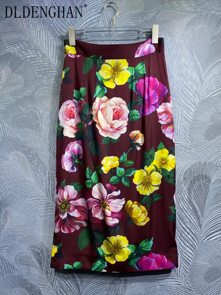 

DLDENGHAN Summer Vintage Silk Pencil Skirt Women's High Waiste Flower Print Office Lady Hip Wrap Skirt Fashion Designer New