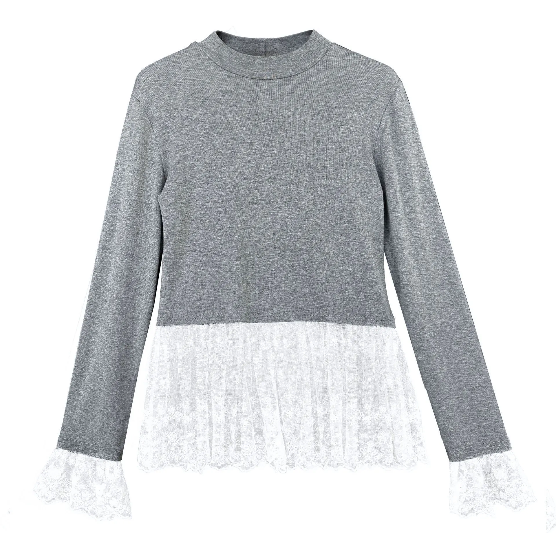 UMI MAO Lace Splicing Top For Women In Spring Short Style Slim Look Long Sleeve T-shirt Base Shirt Femme