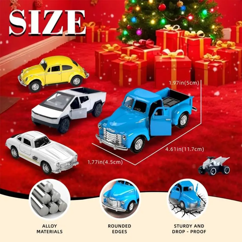 

MQUDUO 4Pcs 1:36 Diecast Cars Set Pull Back Metal Vehicles with Play Mat & Signs, Classic Truck Model Collection Birthday Gift