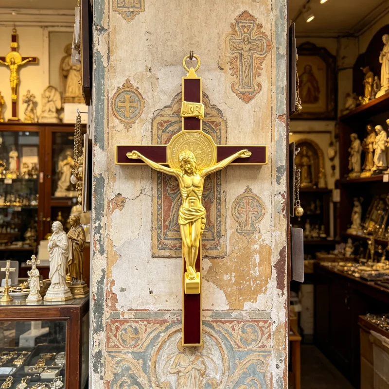 

22.5cm Gold Plated Saint Benedict Crucifix Wall Cross with Red Inlay for Catholic Church Home Altar Prayer Religious Gift