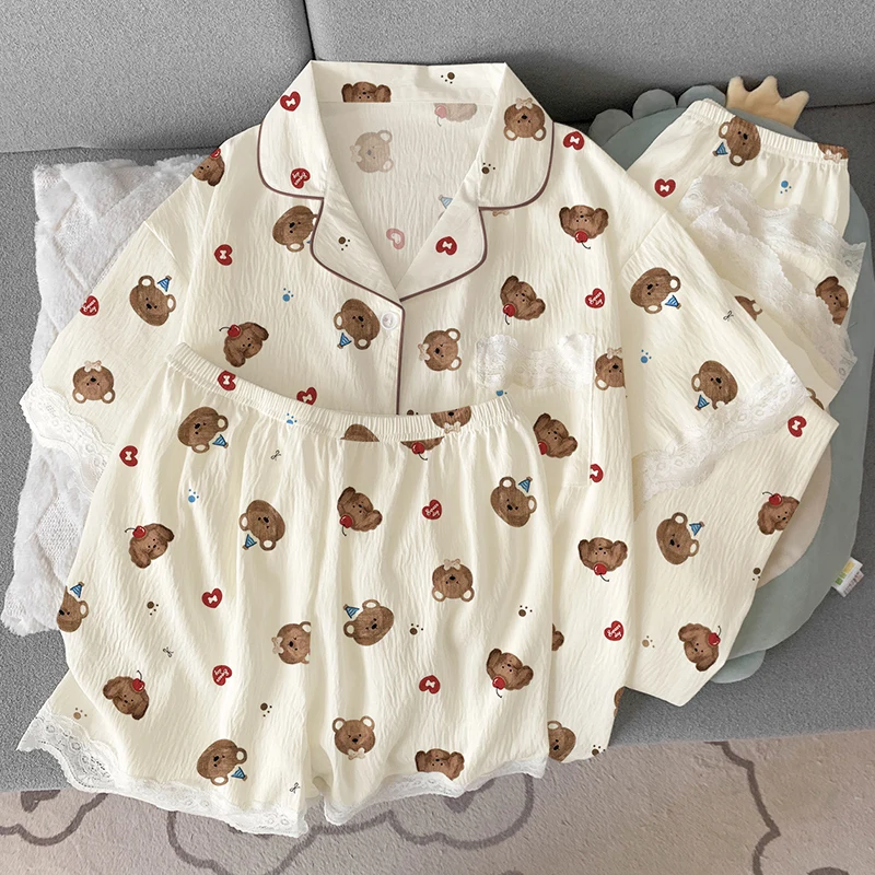

Cute Bear Print Lace Design Women Pajama Lapel Neck Top & Elastic Pants Women's Sleepwear Short Summer Fashion New Pajamas Set
