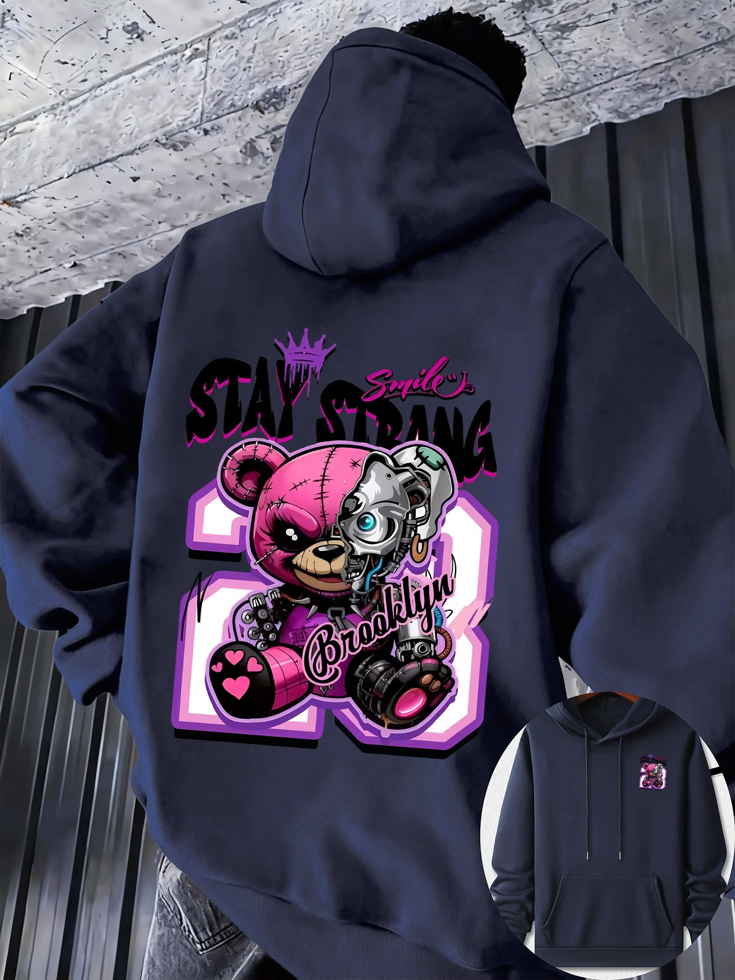 Cyber Punk Half‑Robot Teddy Bear Dual‑Side Print Hoodie Men Y2K Graffiti Trend Unisex Fleece Hooded Pullover