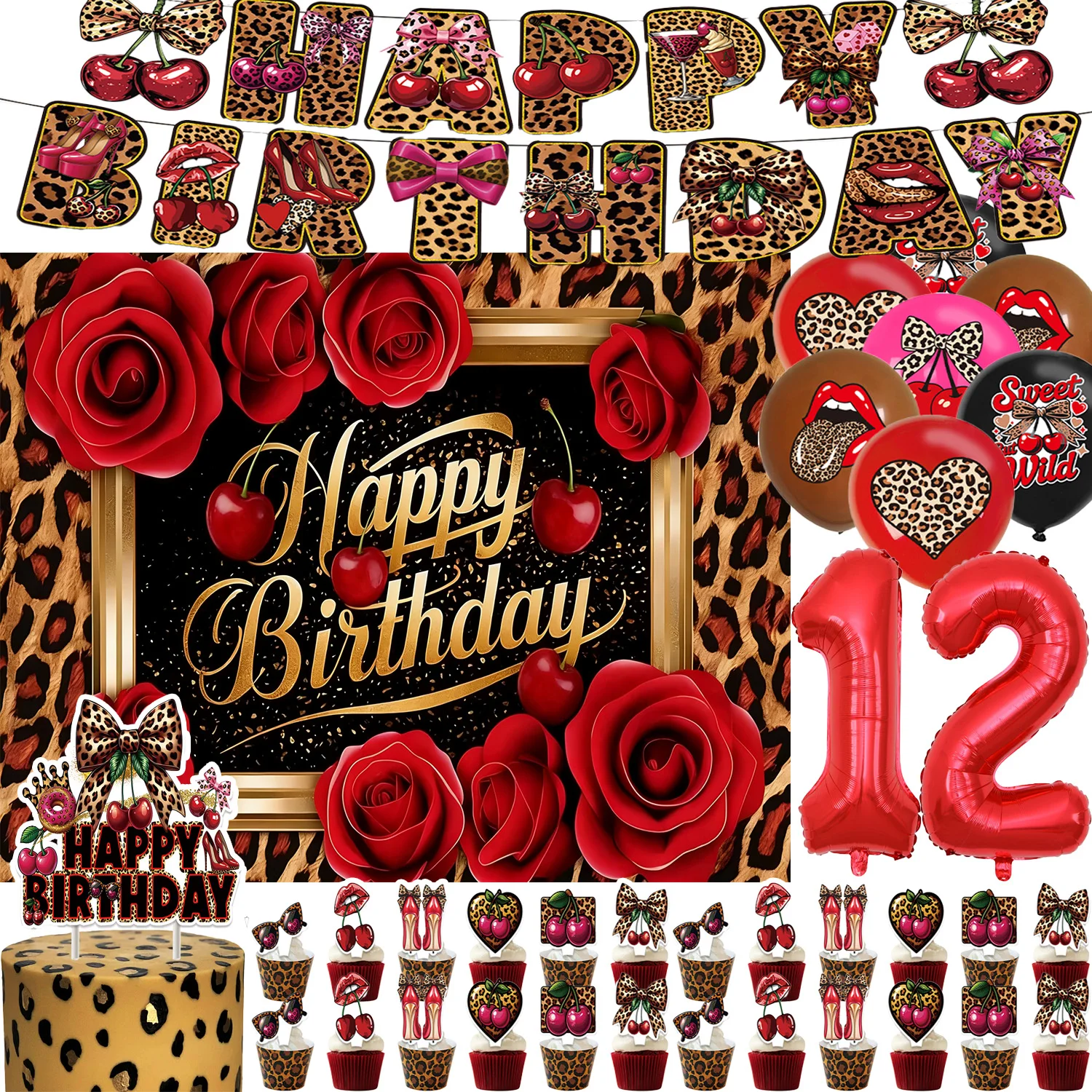 

Cherry Bowknot Red Leopard Theme Women Birthday Party Supplies Balloon Sexy Mature Backgrounds Cupcake Topper Banner Photo Prop