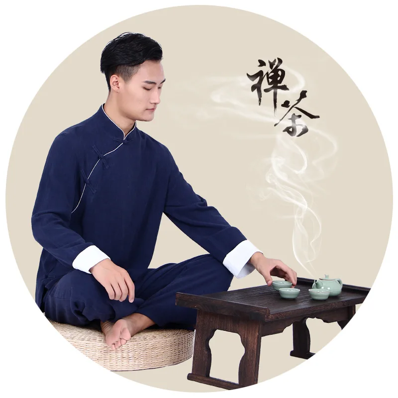 

Chinese Tang Costume Men's Linen Buckle Lay Buddhist Clothes Meditation Technician's Clothing Long Sleeve for Making Tea