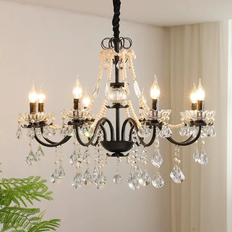 

American Black Crystal Chandelier Suitable for Foyer Living Room Bedroom Villa European Style Glossy Pandant Lamp
