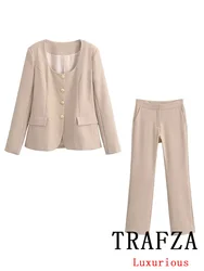 TRAFZA Vintage Chic Solid Women Suit O-Neck Single Breasted Pockets Blazer Straight Loose Pants New Fashion 2024 Office Lady Set